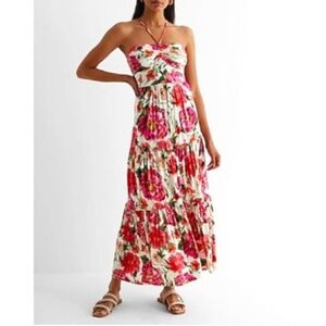 Express Floral Halter Neck Strappy Back Ruched Maxi Dress Medium Pink Gorgeous!